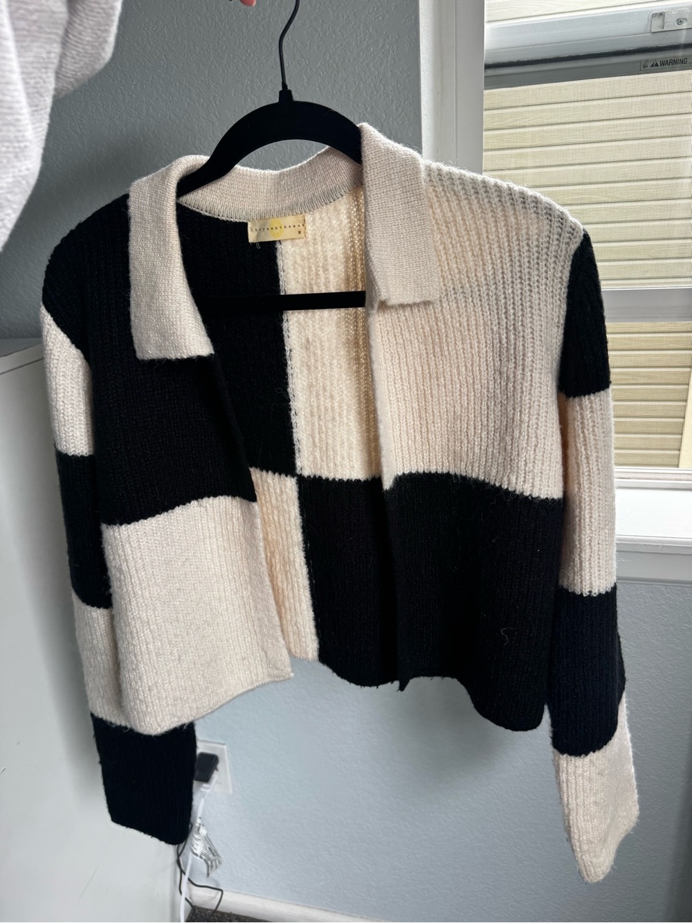 Anthropologie Black & Cream Checkered Cardigan with Collar
